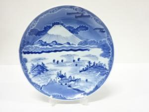 古伊万里　染付　墨はじき　富士山　一尺皿